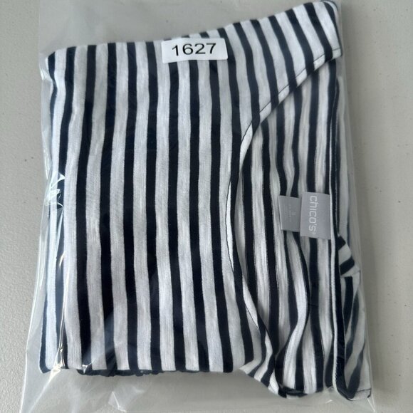 Chicos Knit Top Tee Size XL Navy White Stripe Slub Lace Hem Nautical - Picture 2 of 10